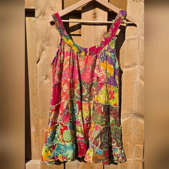 VINTAGE Colorful Patchwork Bohemian Dress / Top Handmade in Nepal - small - Picture 3 of 8